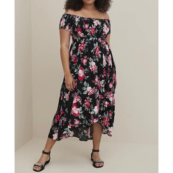 🆕 Black Floral Challis Off Shoulder Hi Low Dress 3 3X 22 24 NWT Torrid New! - Picture 1 of 6